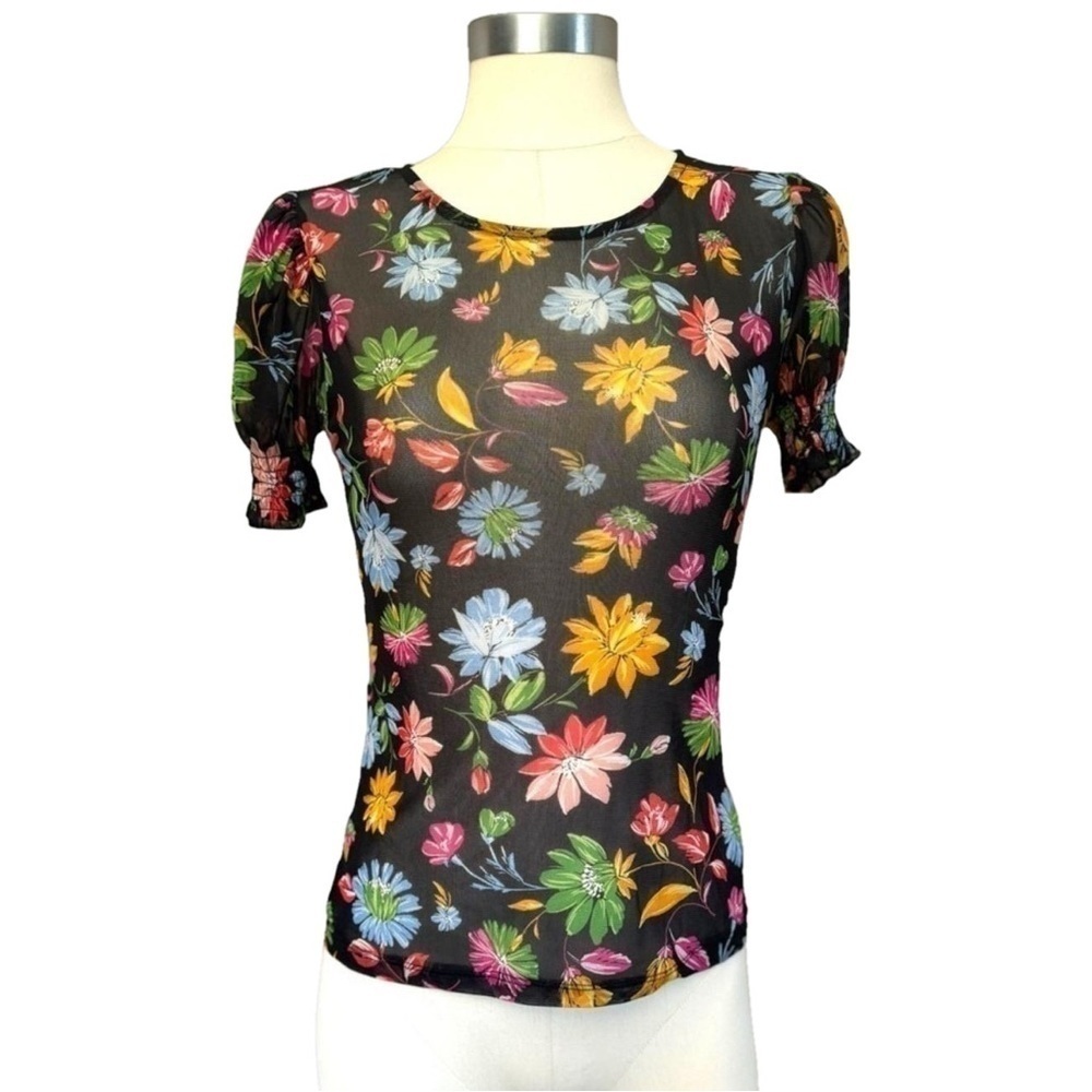 🔵 5 for $25 AMBIENCE women’s black and multi color floral mesh top